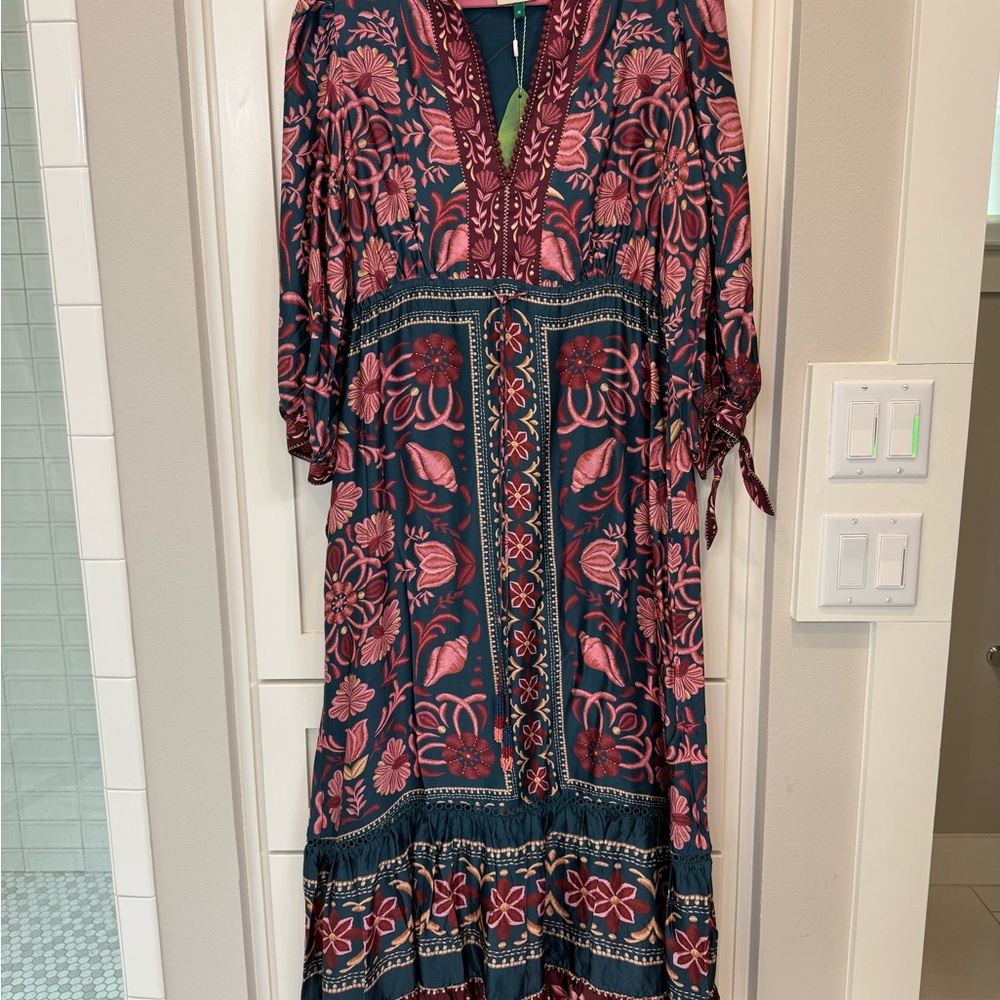 FARM Rio Blue and Pink V-Neck Sundress with Bishop Sleeves